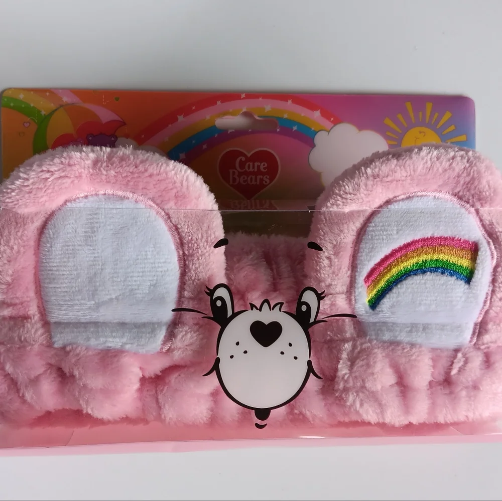 NEW Care Bears Cheer Bear Ears Spa Headband Strechy Terry Pink Rainbow 80s